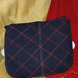 Quilted Denim Crossbody Bag with Red Stitching